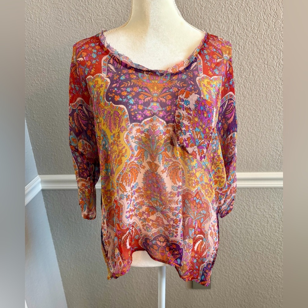 Sundance Silk Boho Paisley Blouse Size M India Artisan Tunic Top Sheer Festival